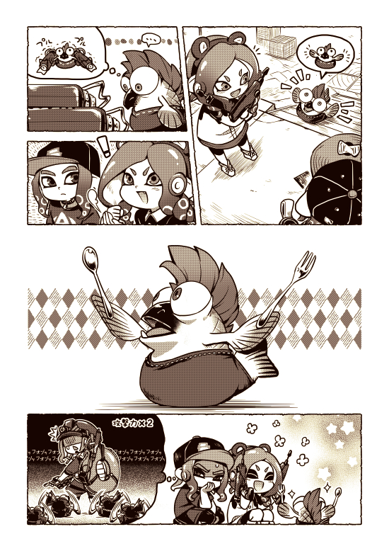 octoling player character, octoling girl, octoling boy, and smallfry (splatoon and 1 more) drawn by potsupo