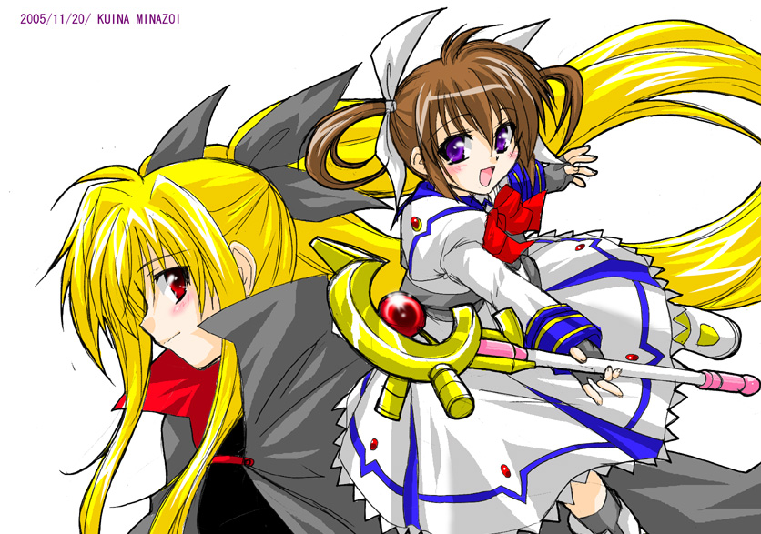 fate testarossa, takamachi nanoha, and raising heart (lyrical nanoha and 2 more) drawn by minazoi_kuina