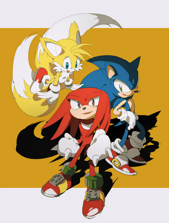sonic the hedgehog, tails, and knuckles the echidna (sonic and 1 more) drawn by aoki_(fumomo)