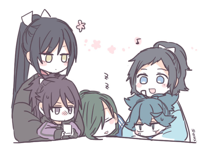 yamato-no-kami yasusada, sayo samonji, nikkari aoe, tarou tachi, and fudou yukimitsu (touken ranbu) drawn by mikan_tabetai