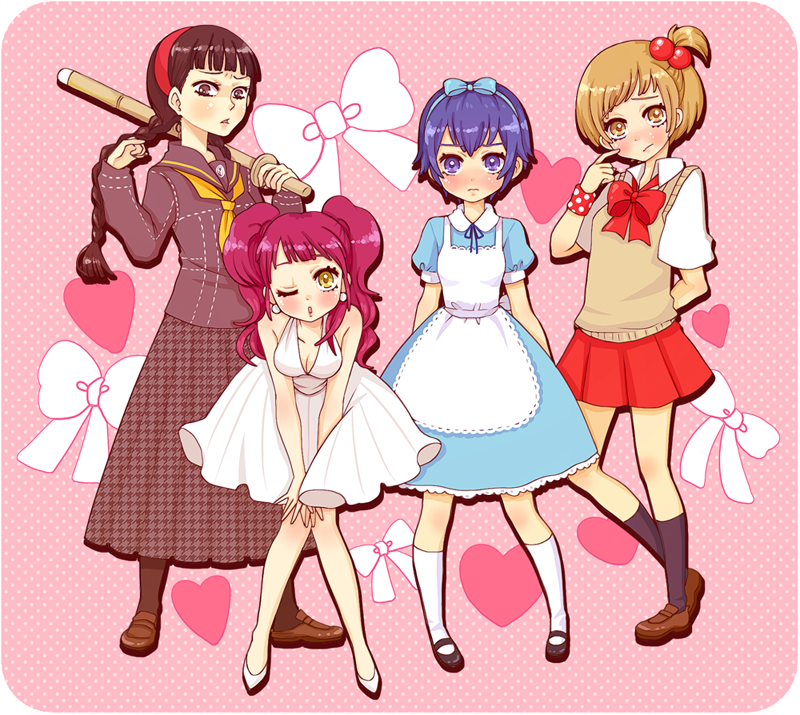 shirogane naoto, alice, satonaka chie, kujikawa rise, amagi yukiko, and 1 more (persona and 2 more) drawn by pinkmm