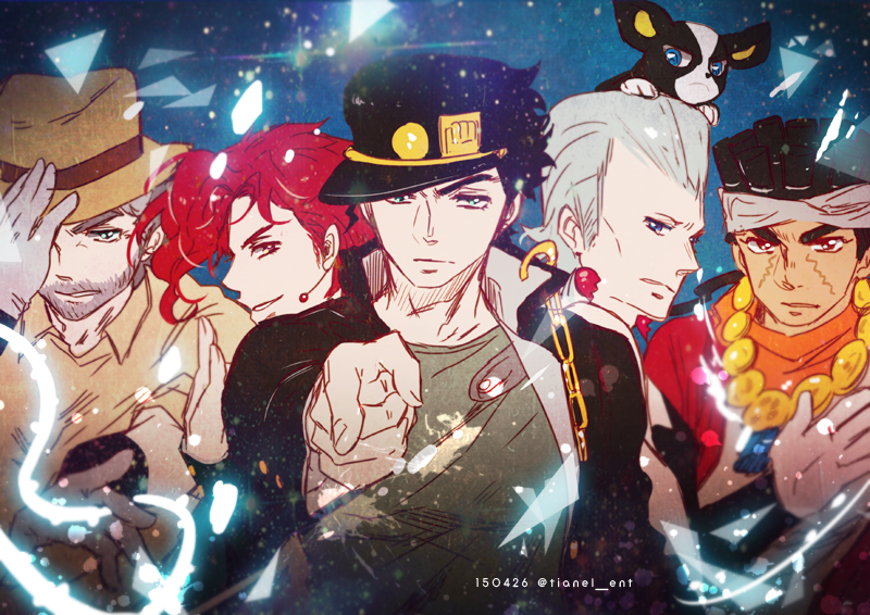 joseph joestar, kujo jotaro, kakyoin noriaki, jean pierre polnareff, mohammed avdol, and 1 more (jojo no kimyou na bouken and 1 more) drawn by tianel_ent