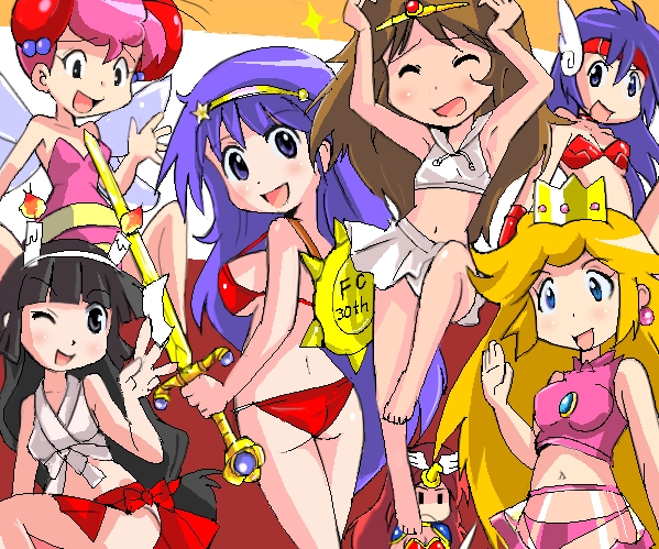princess peach, princess athena, ki, sayo, and honey bee (mario and 4 more) drawn by t2