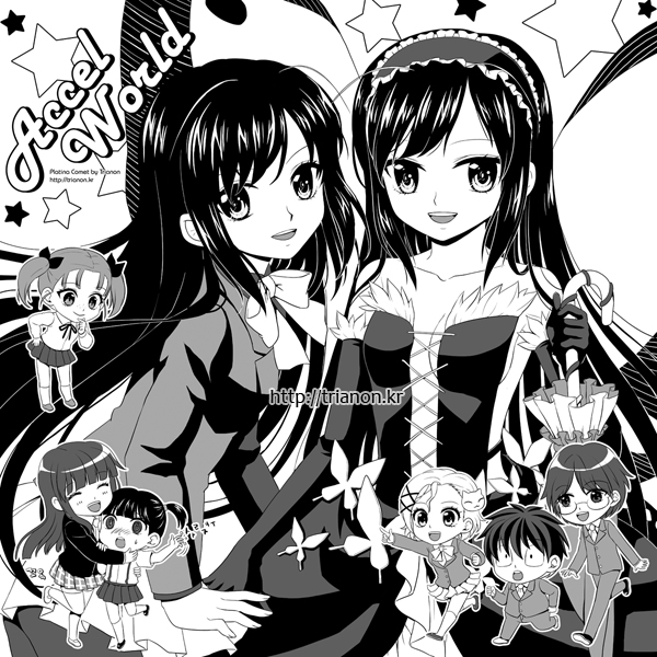 kuroyukihime, arita haruyuki, kouzuki yuniko, kurashima chiyuri, kurasaki fuuko, and 2 more (accel world) drawn by trianon