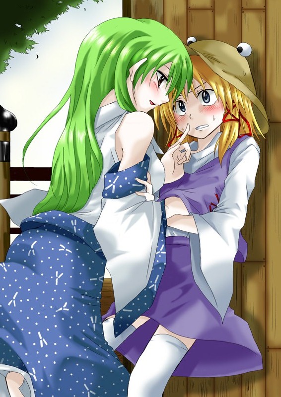 kochiya sanae, moriya suwako, and pyonta (touhou) drawn by unya