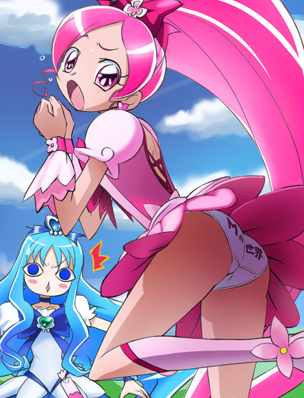 kurumi erika, hanasaki tsubomi, cure marine, cure blossom, mizuki nana, and 1 more (precure and 1 more) drawn by haruyama_kazunori