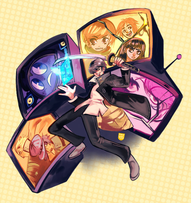 narukami yu, shirogane naoto, satonaka chie, amagi yukiko, hanamura yousuke, and 3 more (persona and 1 more) drawn by bruno_cruz