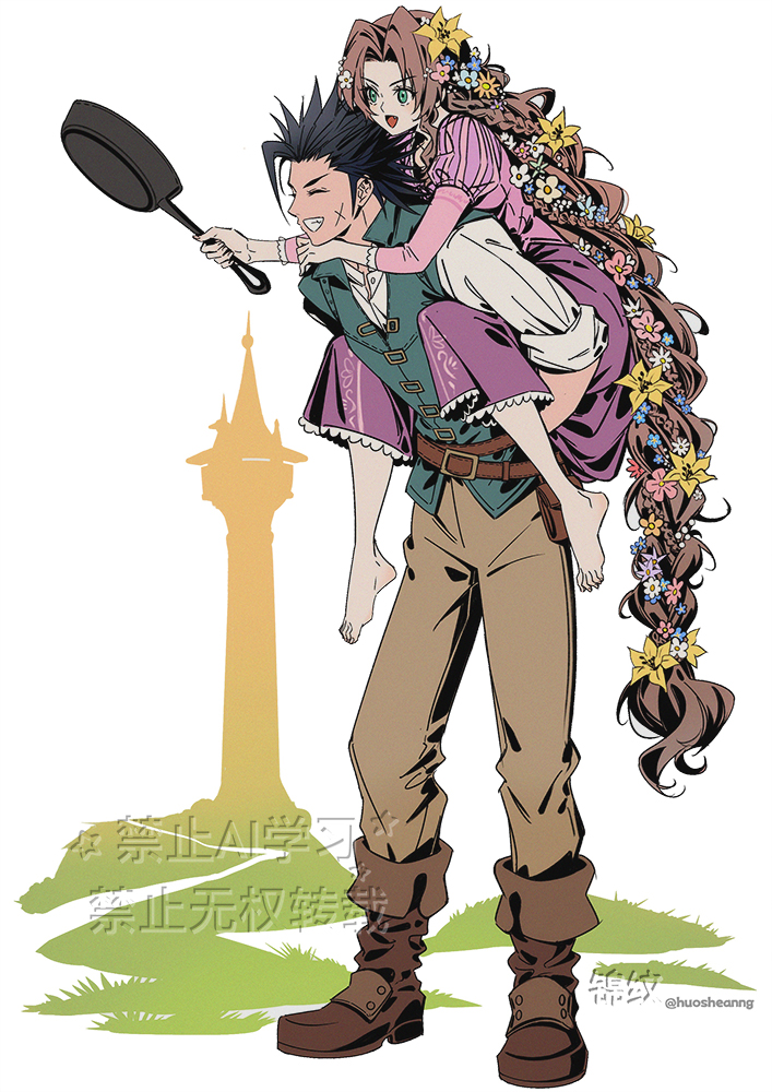 aerith gainsborough, zack fair, rapunzel, and flynn rider (final fantasy and 3 more) drawn by huosheanng