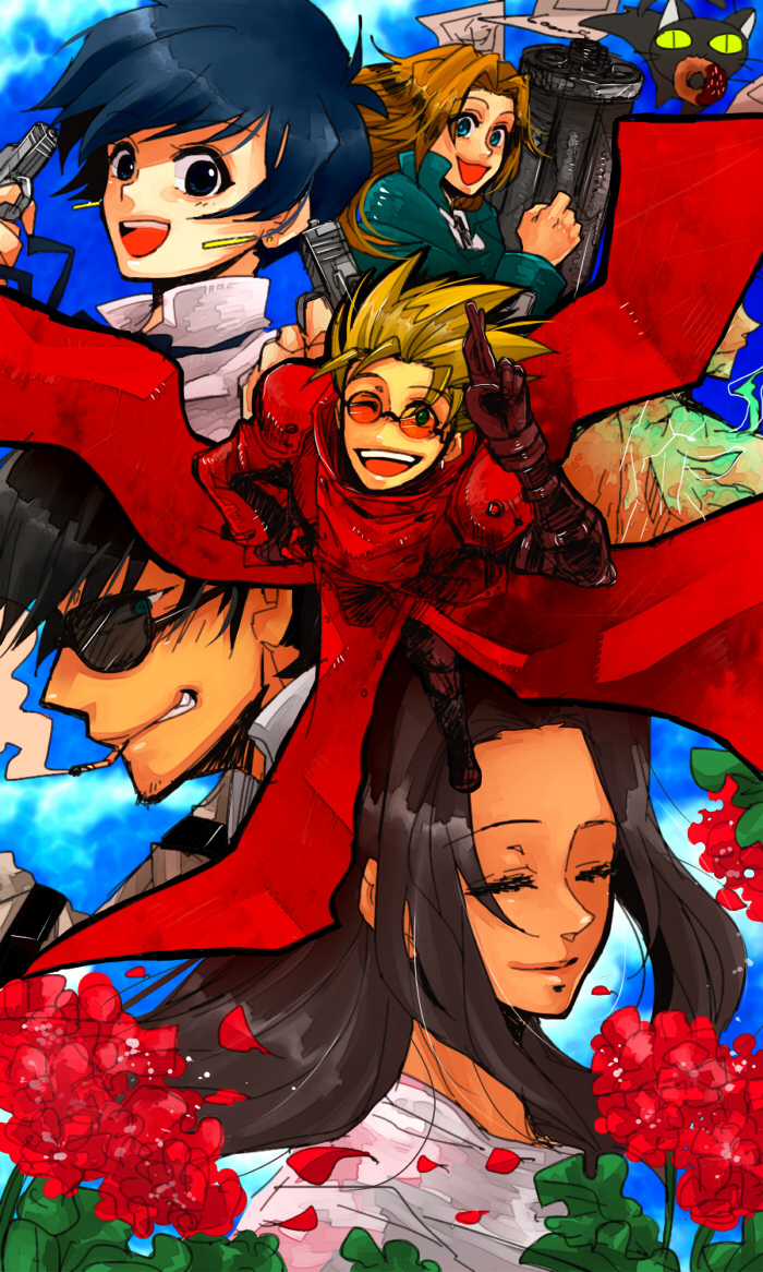 vash the stampede, nicholas d. wolfwood, meryl stryfe, milly thompson, kuroneko, and 1 more (trigun) drawn by ftk