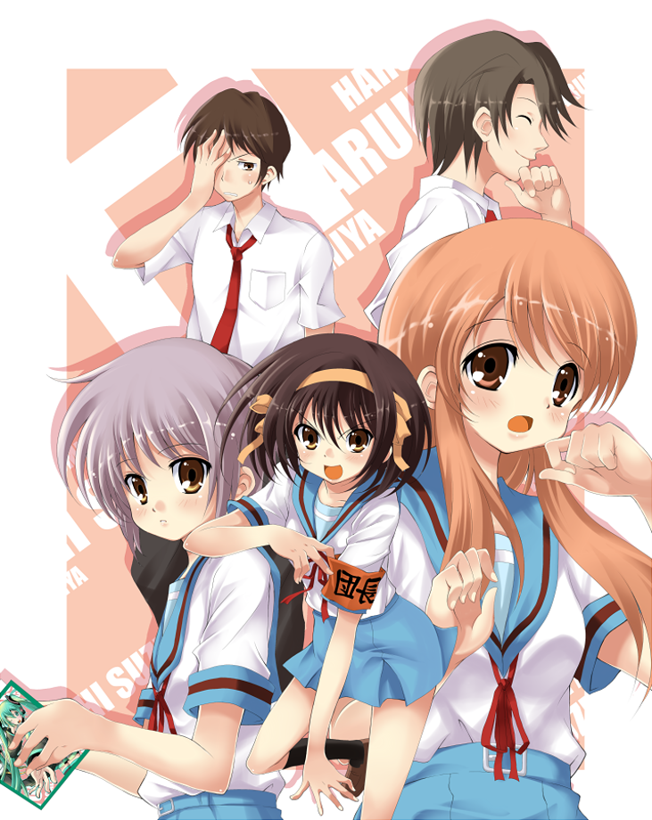 hatsune miku, suzumiya haruhi, nagato yuki, asahina mikuru, kyon, and 1 more (vocaloid and 1 more) drawn by daniwae