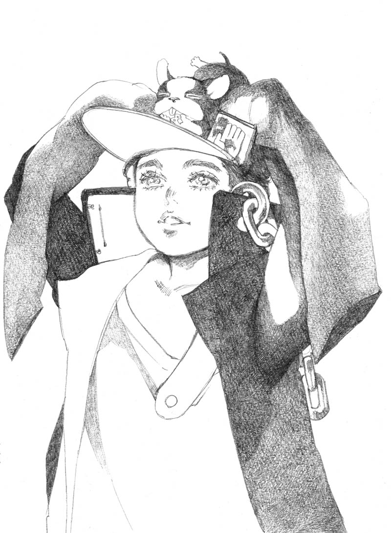 kujo jotaro and iggy (jojo no kimyou na bouken and 1 more) drawn by bud_(korovsme)