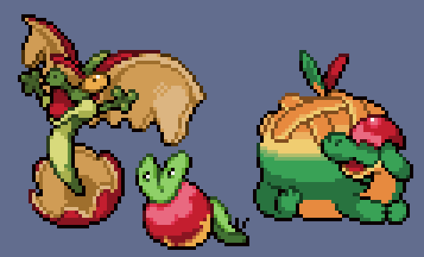 applin, appletun, and flapple (pokemon) drawn by jon_(zyagapi)