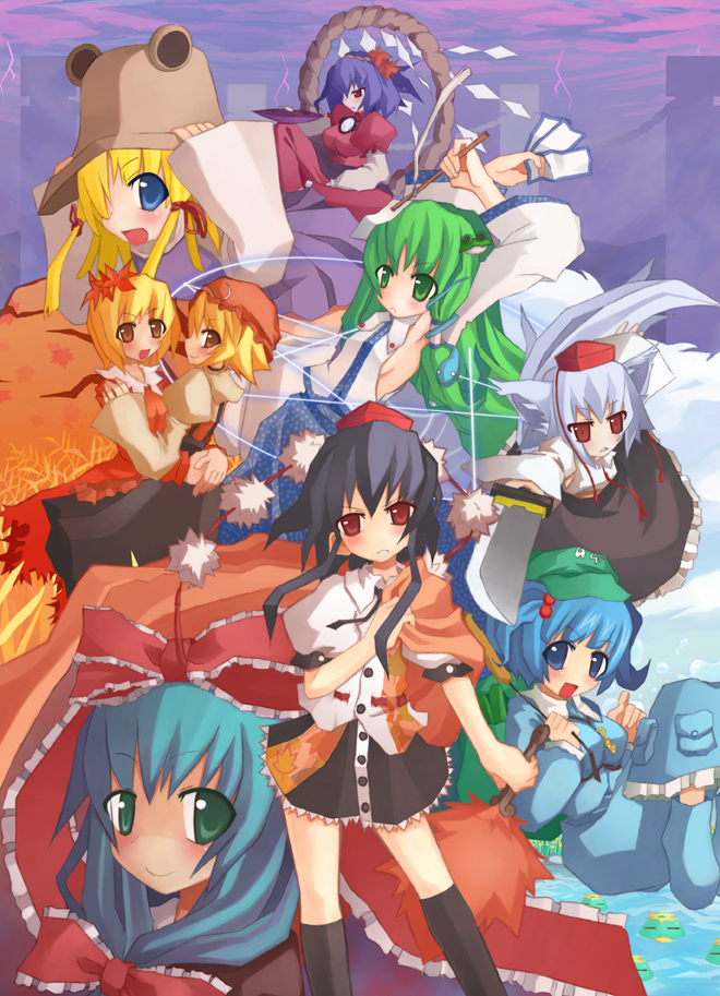 kochiya sanae, shameimaru aya, inubashiri momiji, moriya suwako, kawashiro nitori, and 4 more (touhou and 1 more) drawn by arashiya