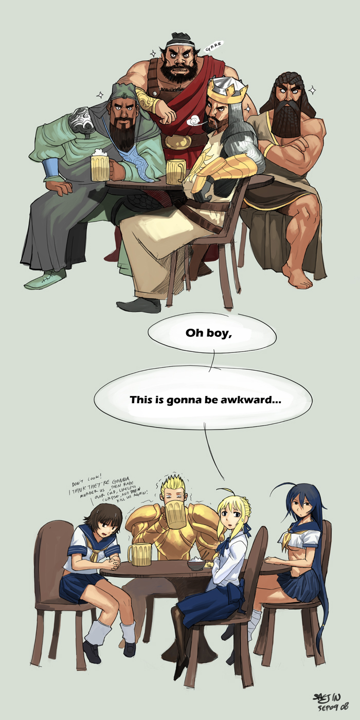 artoria pendragon, saber, gilgamesh, kan'u unchou, chouhi ekitoku, and 3 more (fate and 6 more) drawn by saejin_oh