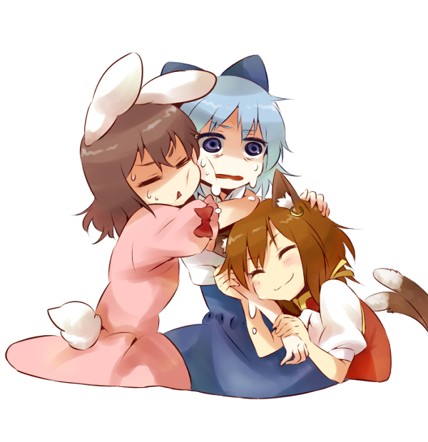 cirno, chen, and inaba tewi (touhou) drawn by kiji_(manekinuko-tei)