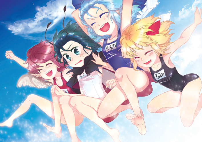 cirno, rumia, mystia lorelei, and wriggle nightbug (touhou) drawn by fuyu_kitsune