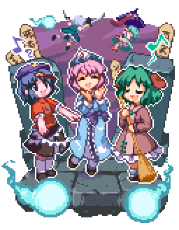konpaku youmu, saigyouji yuyuko, tatara kogasa, miyako yoshika, and kasodani kyouko (touhou and 1 more) drawn by oobako