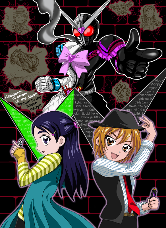 misumi nagisa, yukishiro honoka, kujou hikari, kamen rider double, hidari shoutarou, and 4 more (precure and 4 more) drawn by arudebido