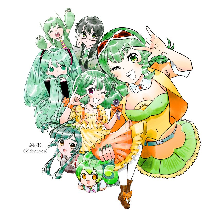 hatsune miku, gumi, ranka lee, zundamon, touhoku zunko, and 3 more (vocaloid and 6 more) drawn by goldenriver8