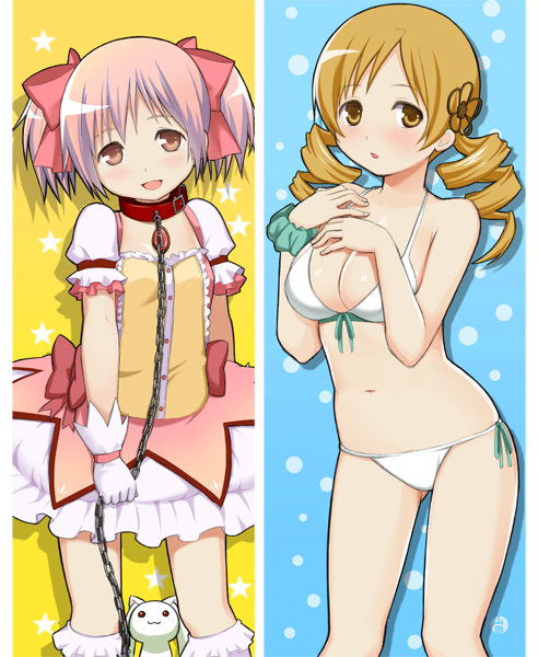 kaname madoka, tomoe mami, and kyubey (mahou shoujo madoka magica) drawn by yamada_ichizoku