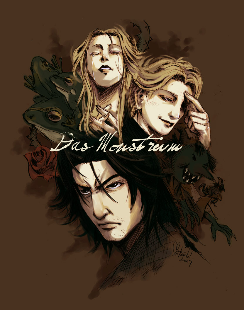johan liebert, tenma kenzou, and anna liebert (monster) drawn by nina_matsumoto