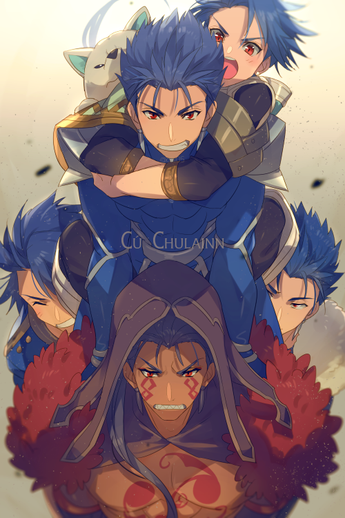 cu chulainn alter, cu chulainn, and setanta (fate and 3 more) drawn by echo_(circa)