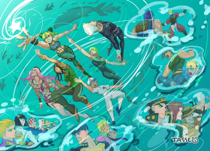 joseph joestar, kujo jotaro, dio brando, caesar anthonio zeppeli, kujo jolyne, and 19 more (jojo no kimyou na bouken and 6 more) drawn by tasse_jj