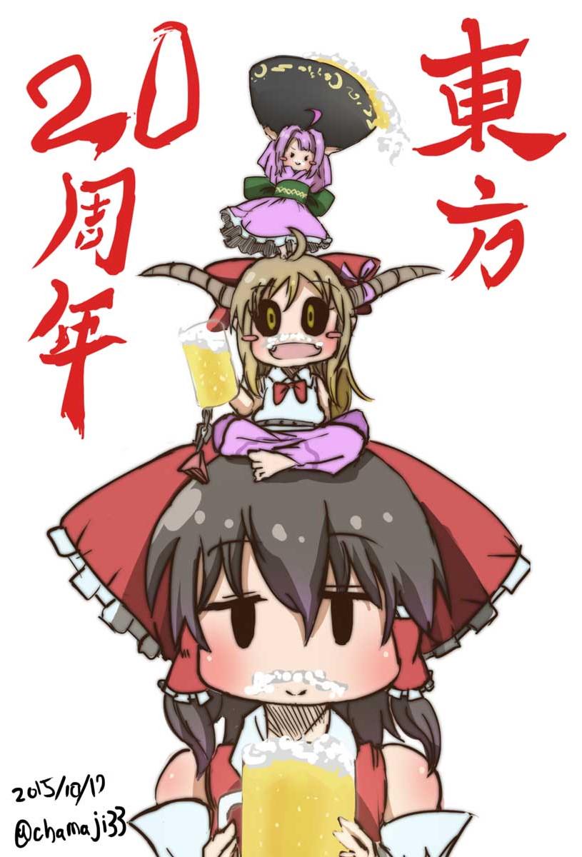 hakurei reimu, ibuki suika, and sukuna shinmyoumaru (touhou) drawn by chamaji