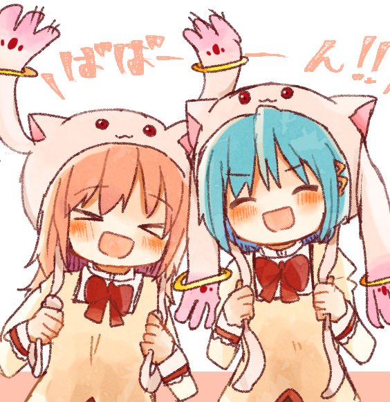 kaname madoka, miki sayaka, and kyubey (mahou shoujo madoka magica) drawn by okayutoma
