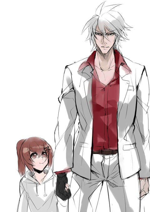 ragna the bloodedge, kiryu kazuma, celica a. mercury, and sawamura haruka (blazblue and 2 more) drawn by kaneaki_mukku