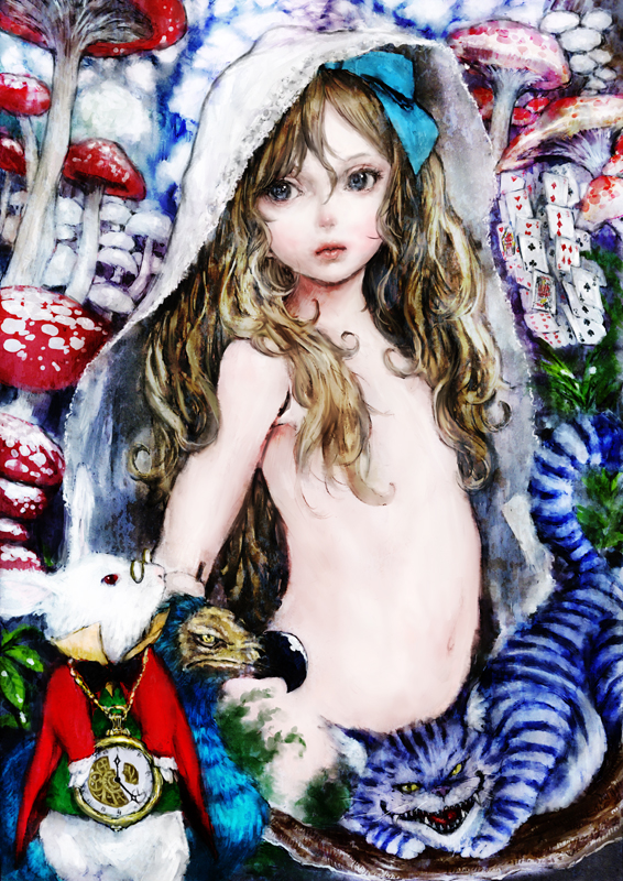 alice, white rabbit, and cheshire cat (alice's adventures in wonderland) drawn by ponsuke_(pon00000)