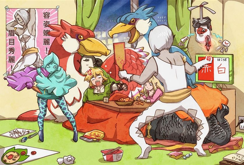 link, princess zelda, fi, ghirahim, loftwing, and 4 more (the legend of zelda and 1 more) drawn by mackerel_(sabanoneko)