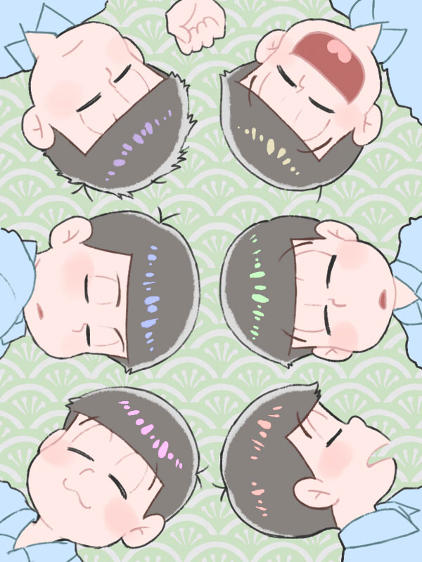 matsuno osomatsu, matsuno karamatsu, matsuno ichimatsu, matsuno jyushimatsu, matsuno choromatsu, and 1 more (osomatsu and 1 more) drawn by 1000memorial_tarou