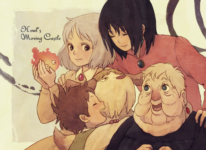 howl pendragon, sophie hatter, calcifer, heen, markl, and 1 more (howl no ugoku shiro) drawn by itoko