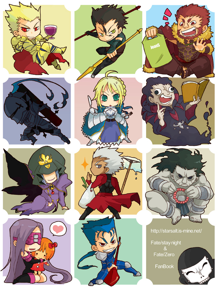 artoria pendragon, saber, gilgamesh, cu chulainn, archer, and 9 more (fate and 2 more) drawn by tamagokimi
