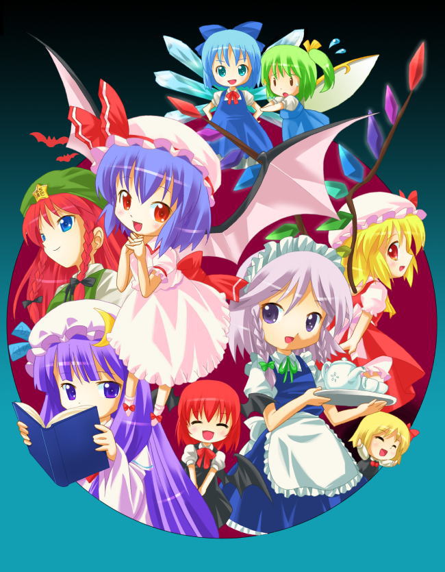 remilia scarlet, flandre scarlet, izayoi sakuya, cirno, patchouli knowledge, and 4 more (touhou and 1 more) drawn by michii_yuuki