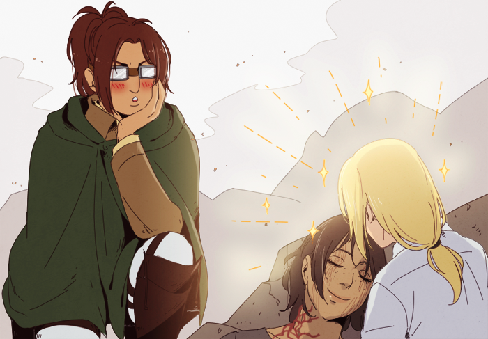 krista lenz, ymir, and hange zoe (shingeki no kyojin) drawn by hanpetos