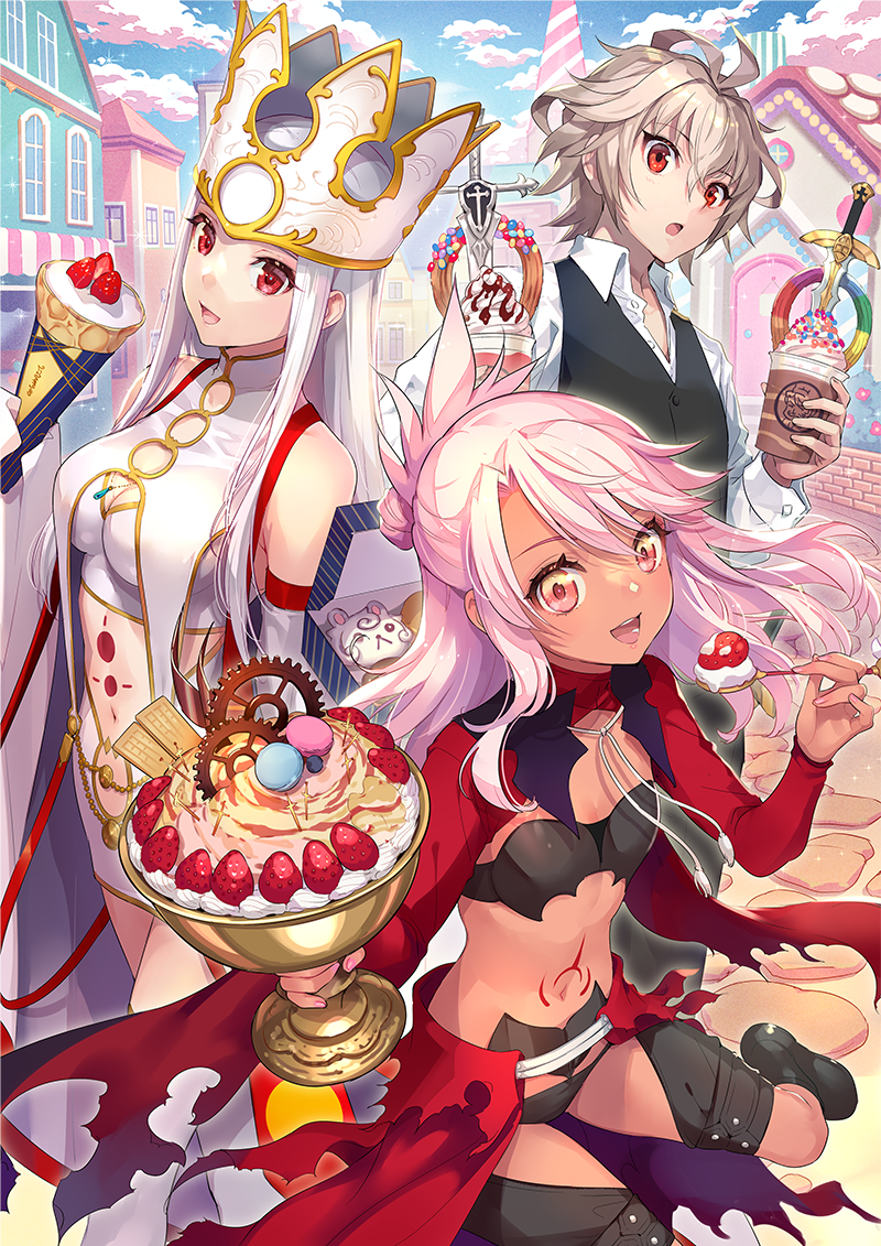 chloe von einzbern, fou, irisviel von einzbern, sieg, and goredolf musik (fate and 1 more) drawn by nishimura_eri