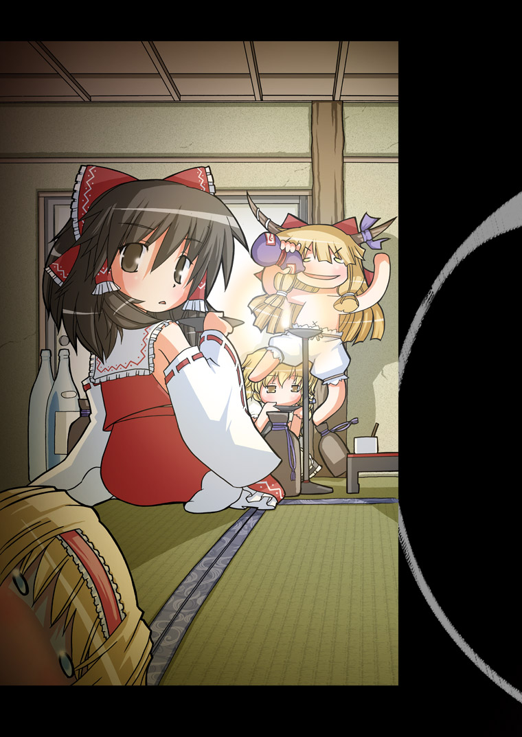 hakurei reimu, kirisame marisa, alice margatroid, and ibuki suika (touhou) drawn by hirotake