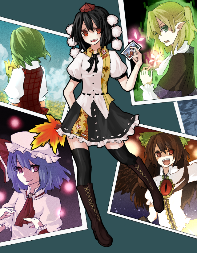 hakurei reimu, remilia scarlet, shameimaru aya, reiuji utsuho, kazami yuuka, and 1 more (touhou) drawn by kame