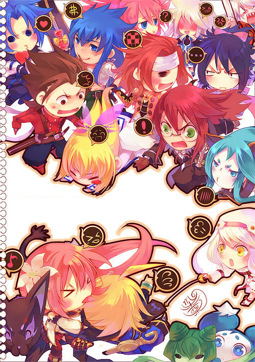 colette brunel, lloyd irving, mieu, fujibayashi sheena, zelos wilder, and 11 more (tales of and 3 more) drawn by minatsume