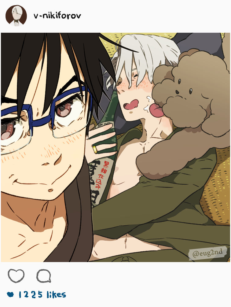 katsuki yuuri, viktor nikiforov, and makkachin (yuri!!! on ice and 1 more) drawn by eugenio2nd