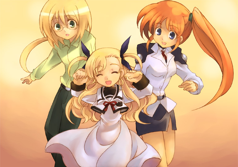 takamachi nanoha, vivio, and yuuno scrya (lyrical nanoha and 1 more) drawn by kouno_hikaru