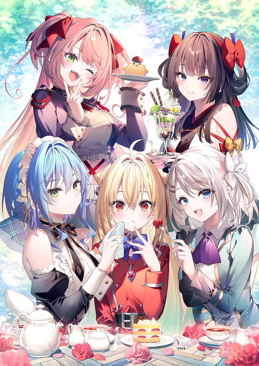 terakomari gandezblood, villhaze, sakuna memoire, nelia cunningham, and amatsu karla (hikikomari kyuuketsuki no monmon) drawn by riichu