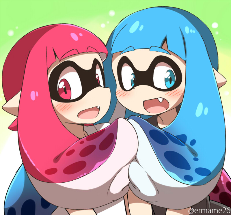 inkling player character and inkling girl (splatoon and 1 more) drawn by eromame