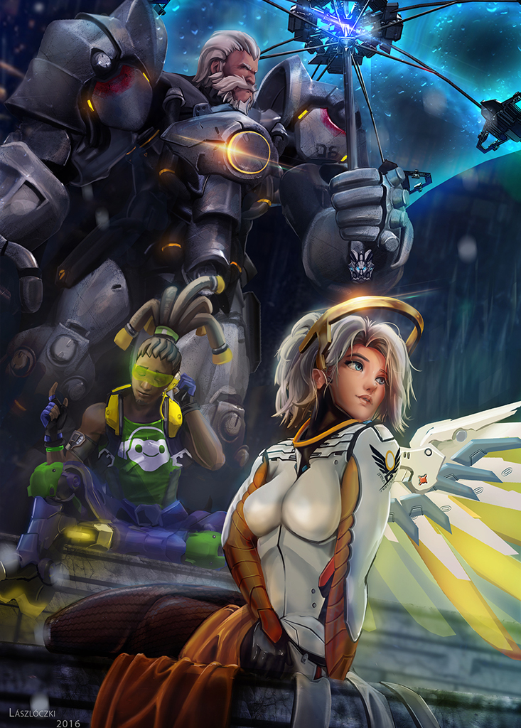 mercy, reinhardt, and lucio (overwatch and 1 more) drawn by richard_laszloczki
