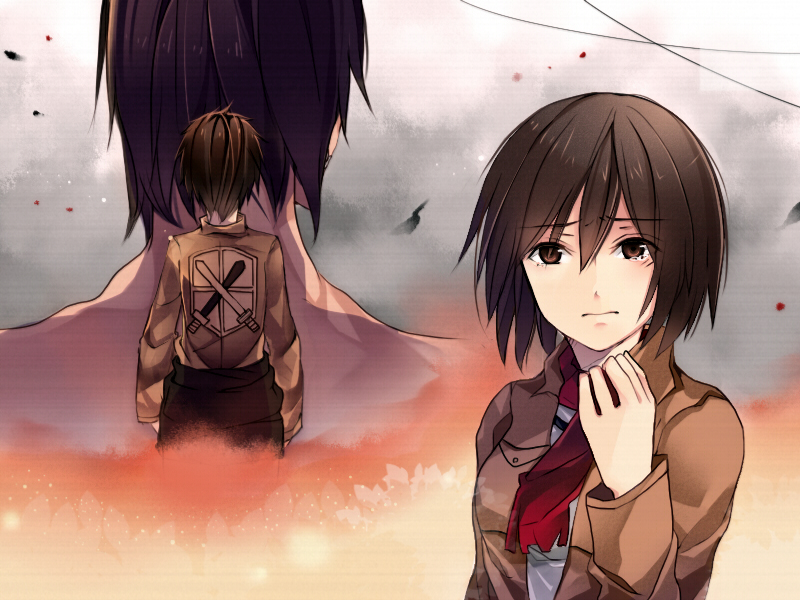 mikasa ackerman, eren yeager, titan, and rogue titan (shingeki no kyojin) drawn by sakura25253