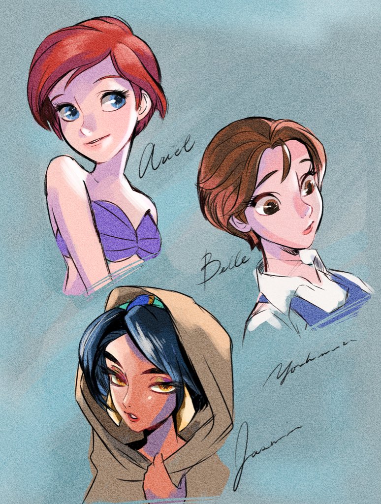 ariel, jasmine, and belle (the little mermaid and 3 more) drawn by bumble_tmnt