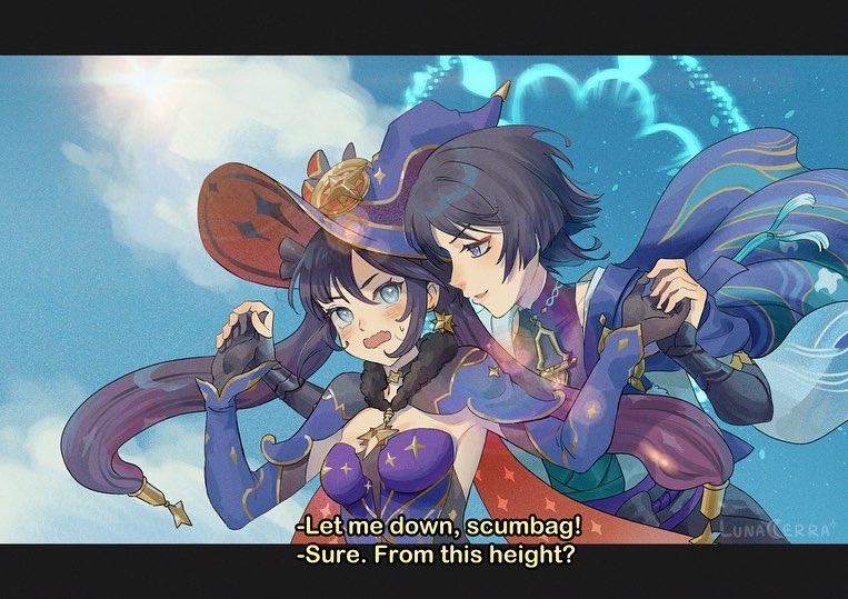 scaramouche, wanderer, and mona (genshin impact and 1 more) drawn by lunacerra