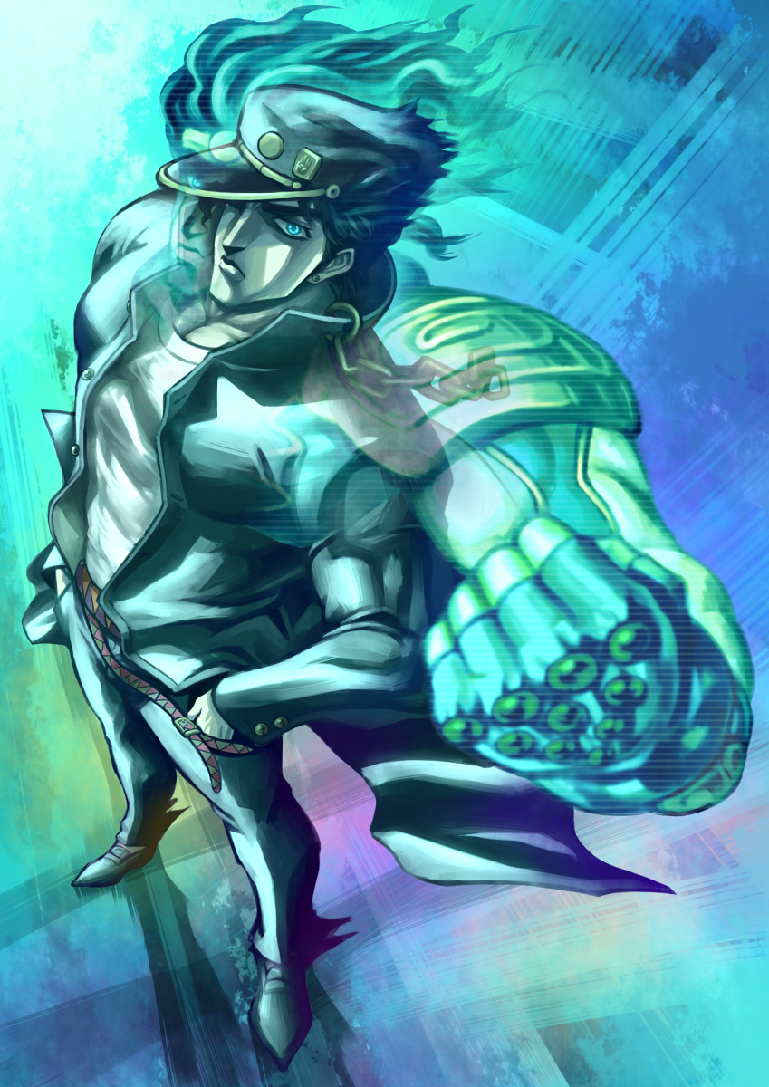 kujo jotaro and star platinum (jojo no kimyou na bouken and 1 more) drawn by idon_(magna13)